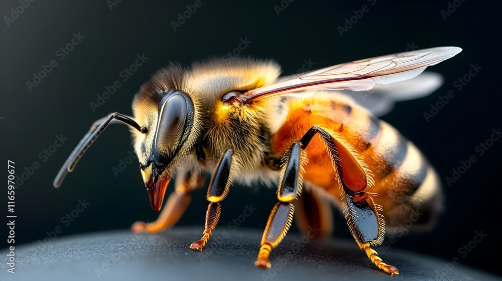 Poster hyper detailed macro photograph capturing the intricate structure and patterns of a honeybee s strip