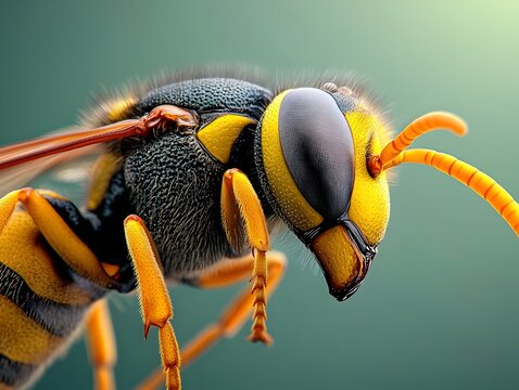 Macro photograph of a wasp s abdomen showcasing the intricate patterns textures and segmented exoskeleton  The wasp is secreting alarm pheromones to rally the colony to defense