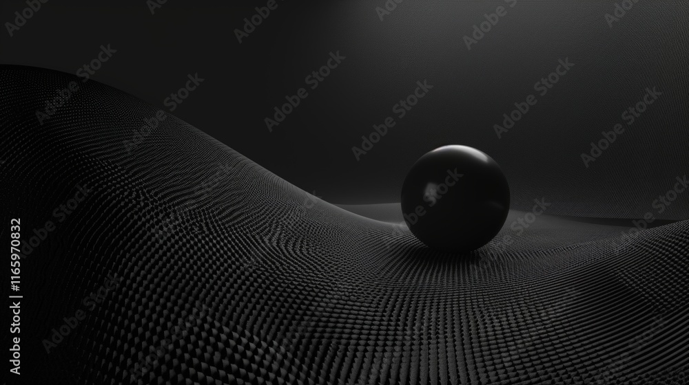 Aufkleber black sphere standing on a wavy textured surface with a subtle light source, creating a minimalist a