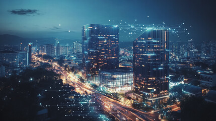 Fototapeta premium Abstract business team stands on the peak of success amid tall, innovative Smart city and graphs with statistics to analyze business potential and predict future developments in company growth.