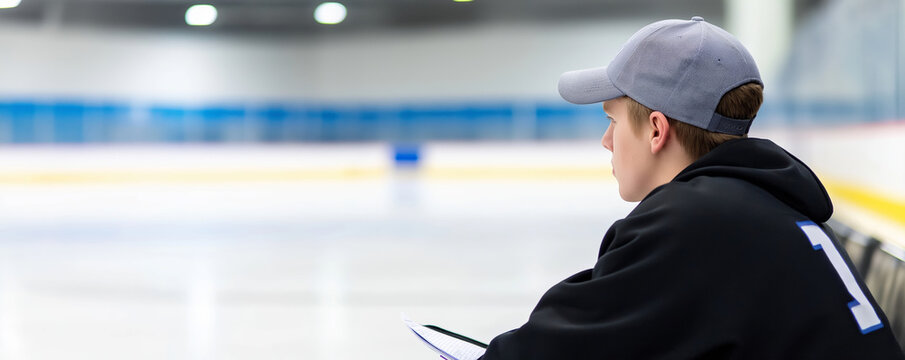 Hockey coach sitting on the bench taking notes during a break, with ice rink and teammates in the background