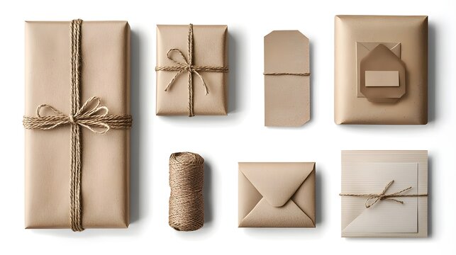 Assortment of Wrapped Packages and Envelopes in Rustic Craft Paper Packaging