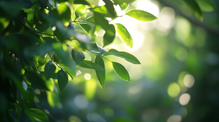 Obraz premium Fresh green leaves illuminated by soft morning light in a tranquil outdoor setting