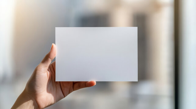 Hand gripping white rectangular card, blank surface poised for custom design, soft-focus background highlighting empty space