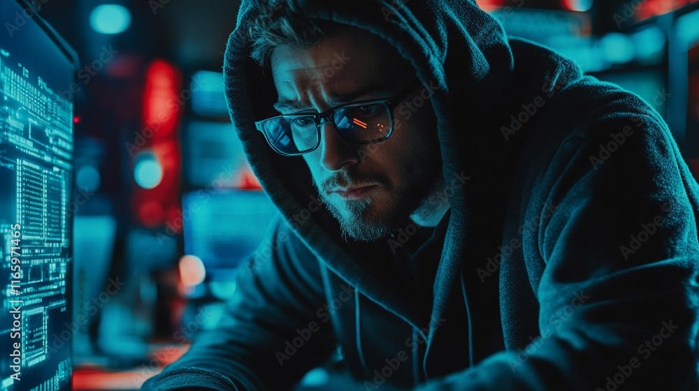 Aufkleber young man in a hoodie focused on coding in a dimly lit room with multiple screens