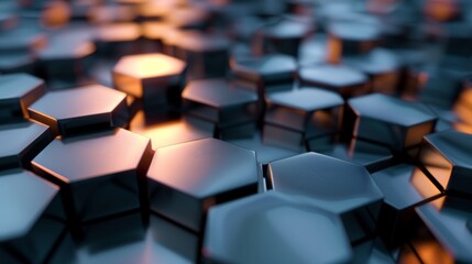 Obraz premium Metallic hexagonal shapes creating an abstract and futuristic wallpaper, illuminated by warm light