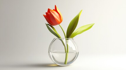 Single orange tulip in a clear glass vase on a white background.