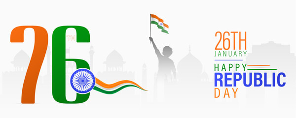 76th Republic Day, India's celebration. Republic Day Poster, of nationhood. India Republic Day, design with the tricolor, silhouette, and. Republic Day festive elements. Happy 
Republic Day Banner.