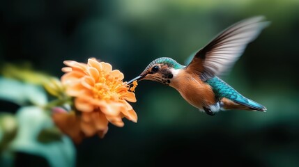 Fototapeta premium An exquisite image of a hummingbird mid-flight as it feeds on a vibrant orange flower, showcasing the beauty and agility of these remarkable creatures.