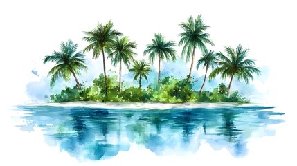 Obraz premium Tranquil Tropical Island Oasis with Palm Trees and Reflective Turquoise Waters