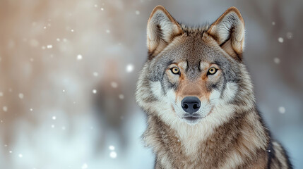 Obraz premium Wolf gazing directly at viewer during gentle snowfall, soft winter light illuminating surrounding forest landscape
