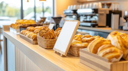 Promotional poster mockup placed at the checkout counter of a modern coffee shop, surrounded by pastries and coffee, ideal for showcasing menu or advertisement