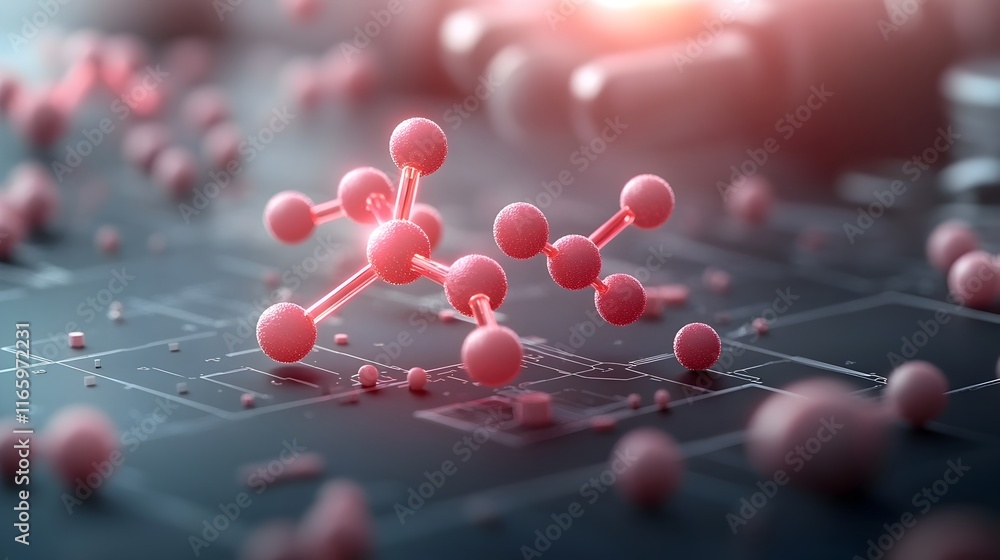 Poster pheromone molecule visualizer futuristic holographic molecules floating in a neon lit sterile biotec