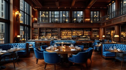 Luxurious restaurant interior with dark wood, blue velvet seating, and a large bar.