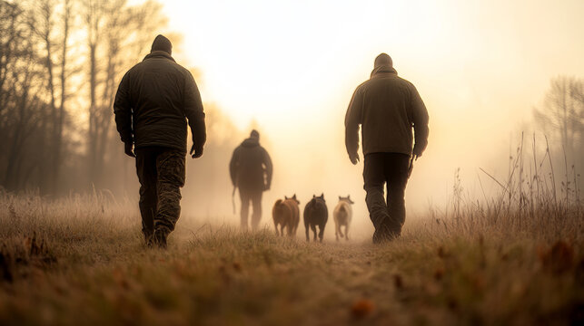 Hunters and their hounds are walking through a misty field in the soft morning light, tracking a boar - Powered by Adobe