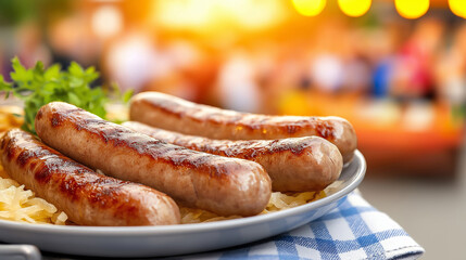 Plate of bratwurst on sauerkraut with blurred people celebrating Oktoberfest in background under vibrant outdoor lighting