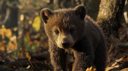 Obraz premium Adorable Brown Bear Cub in the Autumn Forest