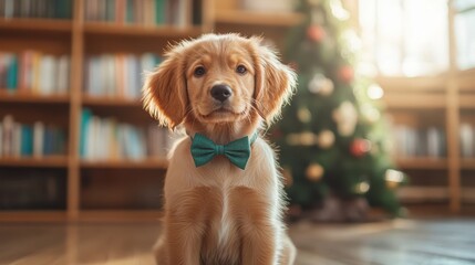 A delightful golden puppy dons a green bowtie, exuding charm and joy in a cozy room decorated for the holidays, radiating warmth and festive cheer.