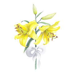 Lilies Yellow flowers branch bouquet with buds, leaf isolated on white background. Watercolor hand drawn botanic sketch illustration. Art design wedding invitation, greeting card, decoration graphic