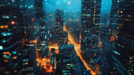 Obraz premium Abstract business team stands on the peak of success amid tall, innovative Smart city and graphs with statistics to analyze business potential and predict future developments in company growth.