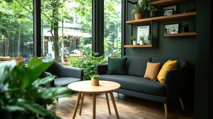 An inviting living room featuring stylish grey seating, decorative pillows, and beautiful plants, creating a perfect balance of comfort, elegance, and refreshing natural elements.