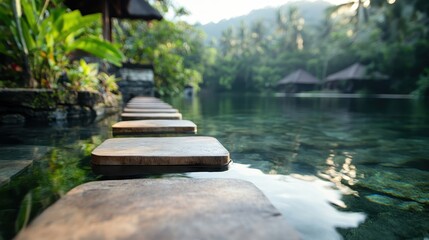 A wooden pathway gracefully cascading over tranquil waters, beautifully framed by verdant greenery and mountains in the background, inviting peaceful exploration in nature.