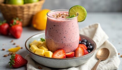 Smoothie in glass with fruits on plate against blurred background