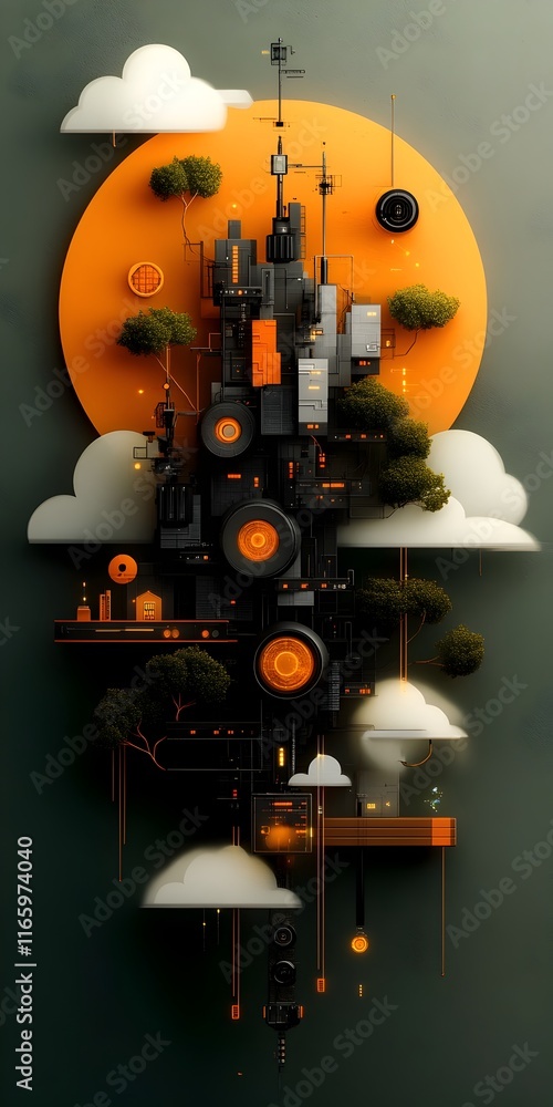 Poster visionary digital oasis with intricate data structures and generative digital patterns
