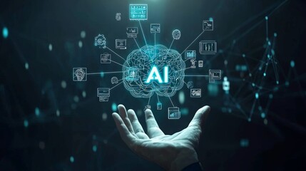 Fototapeta premium Hand holding holographic AI brain with data network.
