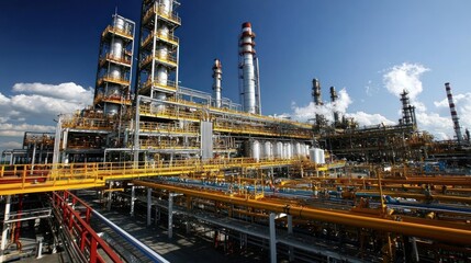 A large oil refinery features multiple towers and pipes against a bright blue sky with scattered clouds