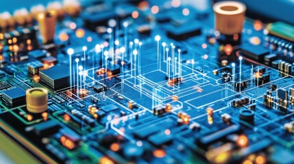 Close up view of a circuit board displaying intricate designs and glowing connections among components