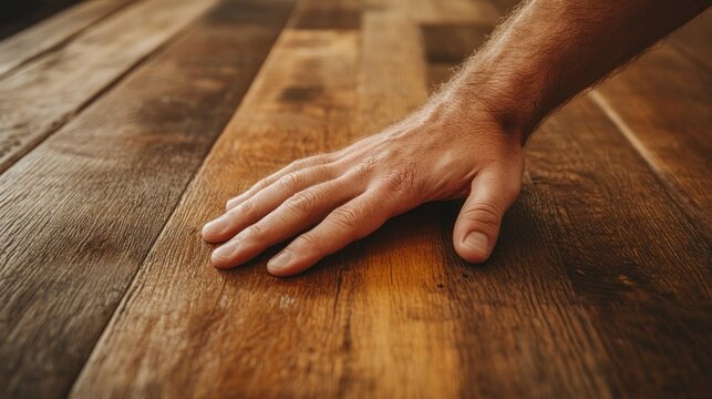 A hand gently touches the surface of a textured wooden table, highlighting craftsmanship and detail