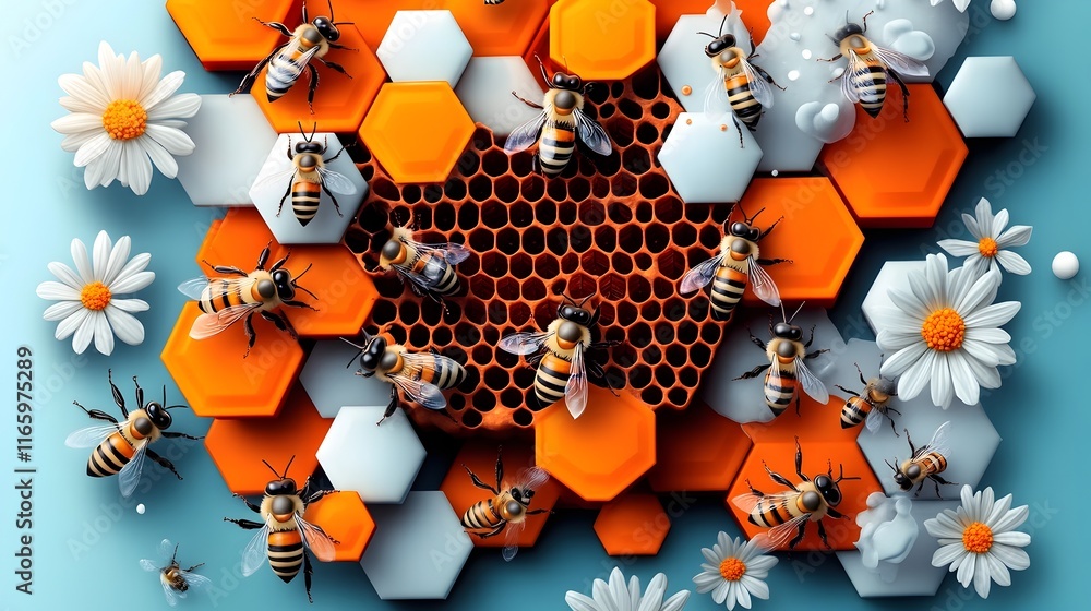 Poster intricate patterns and pheromone communication in honeybee hive structures vivid of interlocking hex
