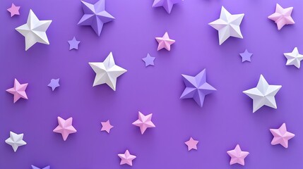 Obraz premium Purple background with stars and confetti. Top view with copy space