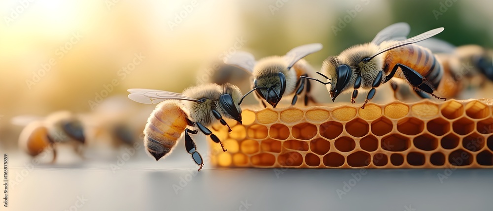Poster pheromone scent exchange among honeybees nested hexagonal motifs representing the hive detailed rend