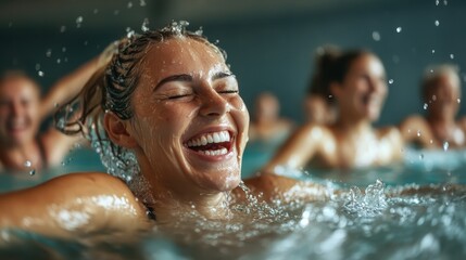 The image shows a group of cheerful women swimming and laughing, embodying joy and the spirit of camaraderie, radiating energy and happiness in an aquatic environment.