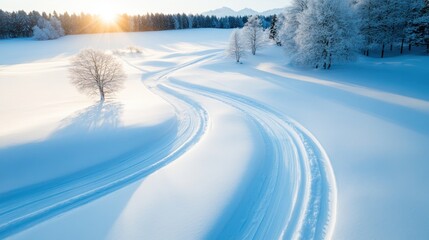 A winding snowy path illuminated by soft morning light, showcasing a tranquil and inviting winter landscape perfect for exploration and quiet reflection.