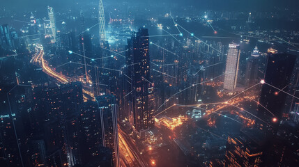 Abstract business team stands on the peak of success amid tall, innovative Smart city and graphs with statistics to analyze business potential and predict future developments in company growth.