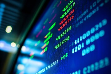 Fototapeta premium Close-up of stock market screen with green and red numbers on a blue background for B2B advertising. 