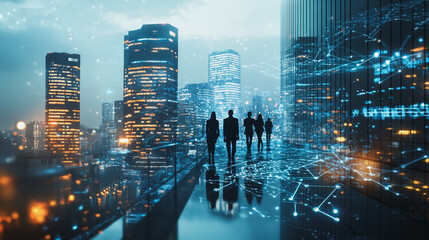 Abstract business team stands on the peak of success amid tall, innovative Smart city and graphs with statistics to analyze business potential and predict future developments in company growth.