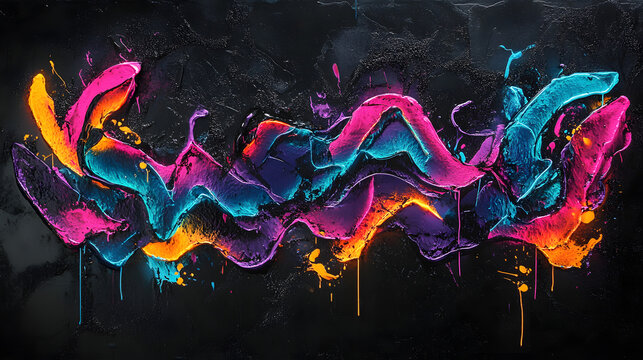 
Abstract glow-in-the-dark graffiti shapes on a black canvas, colorful background