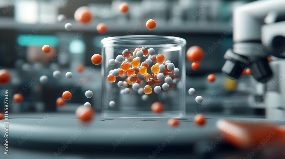 Poster pheromone molecule visualization in a futuristic neon lit biotech laboratory setting floating hologr