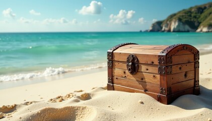 Ancient chest, sun-bleached wood, sandy beach, vintage, gold, hidden