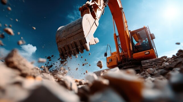 A powerful excavator digs into debris at a construction site, showcasing the energy and machinery involved in urban development and the dynamism of modern construction work.