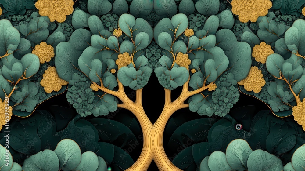 Poster vibrant fractal tree design showcasing intricate branching patterns and lush green foliage on a dark