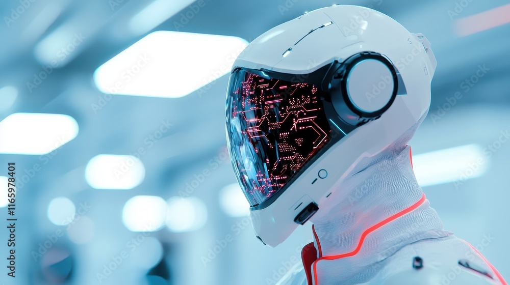 Poster futuristic robot in high-tech lab featuring glowing elements and advanced technology