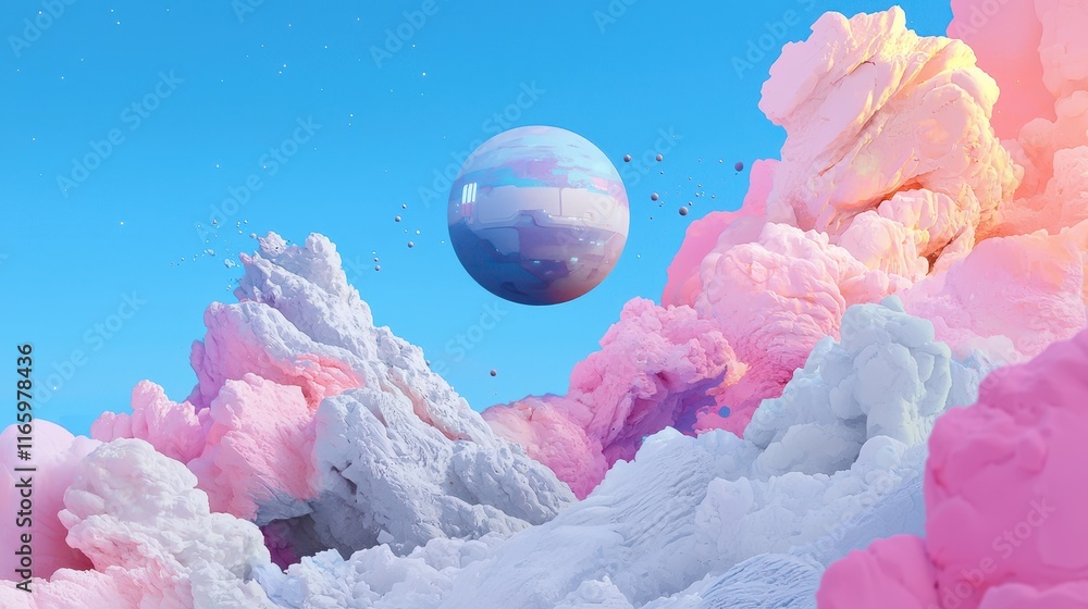 Poster colorful futuristic space station orbiting in a bright sky with soft cloud-like structures
