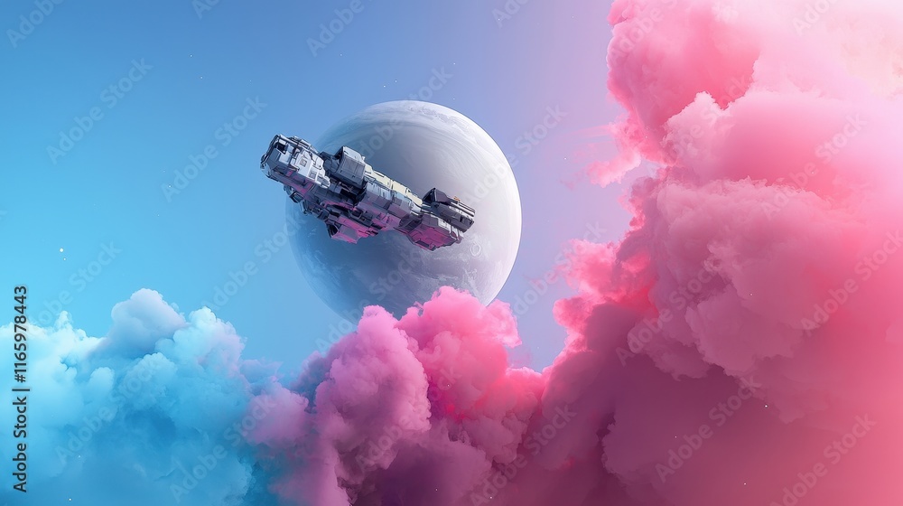 Poster futuristic space station orbiting a colorful planet surrounded by bright clouds in deep space