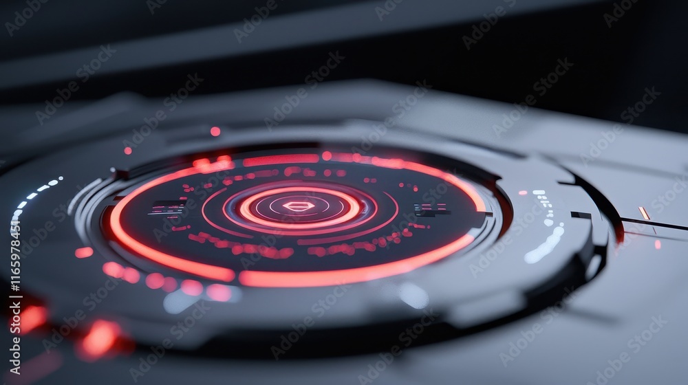Poster futuristic technology interface featuring holographic elements with circular design and dynamic red 
