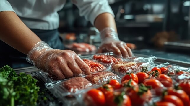 An attentive worker placing meat in packaging, emphasizing the importance of hygiene and organization in a bustling food processing area for high-quality standards.